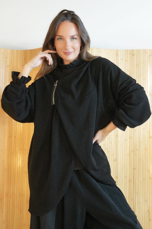 Waffle Zip Hooded Jacket Black